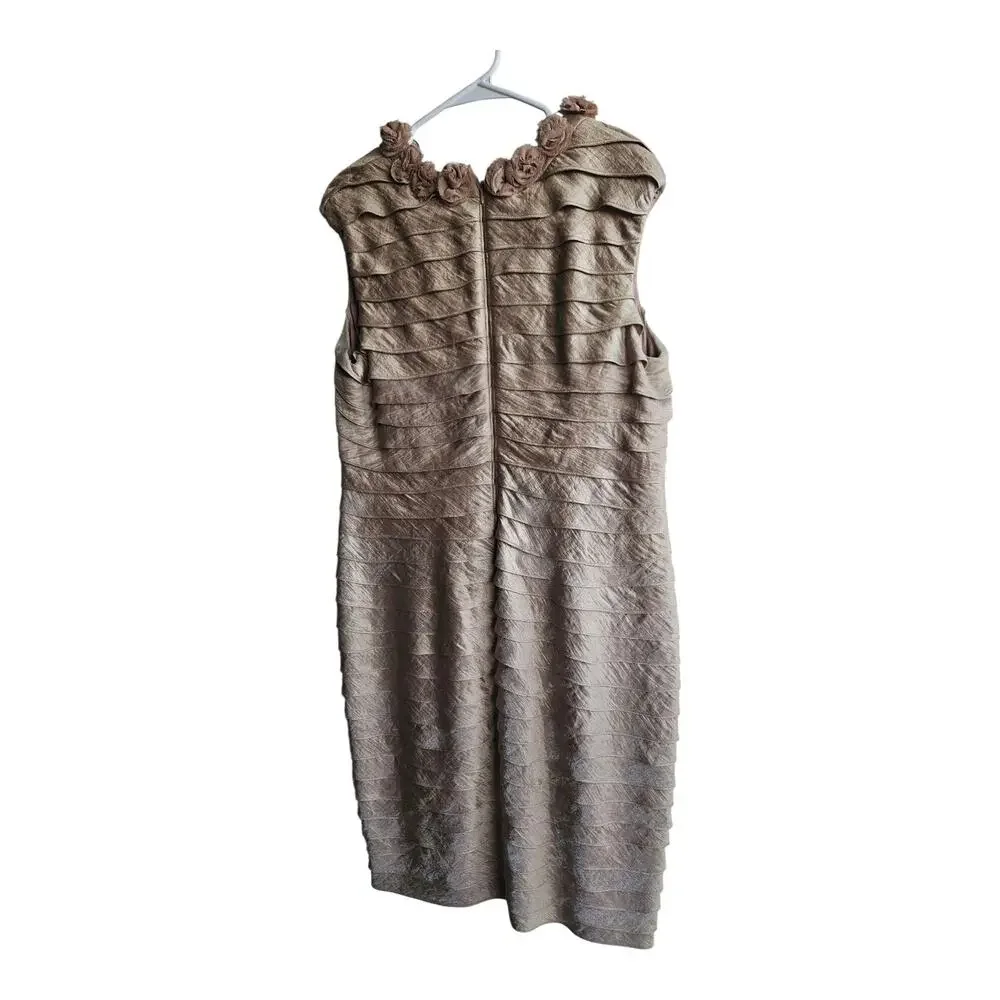 Adrianna Papell Layered Sheath Shimmery Champagne Rosette Sexy Dress Size 16